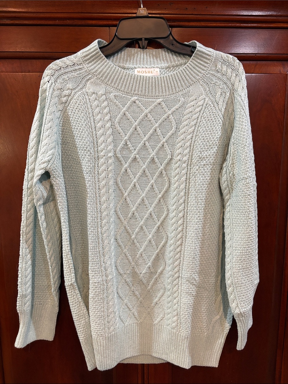 Sage Green Cable-Knit Crewneck Sweater